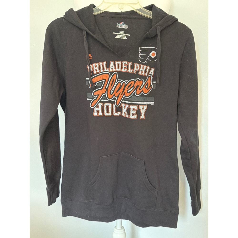 Majestic Philadelphia Flyers NHL Hockey Hoodie Large Black V-Neck Pullover